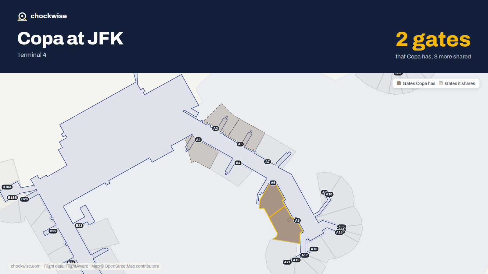 Map of JFK with the gates Copa Airlines uses highlighted: A6 and A8.