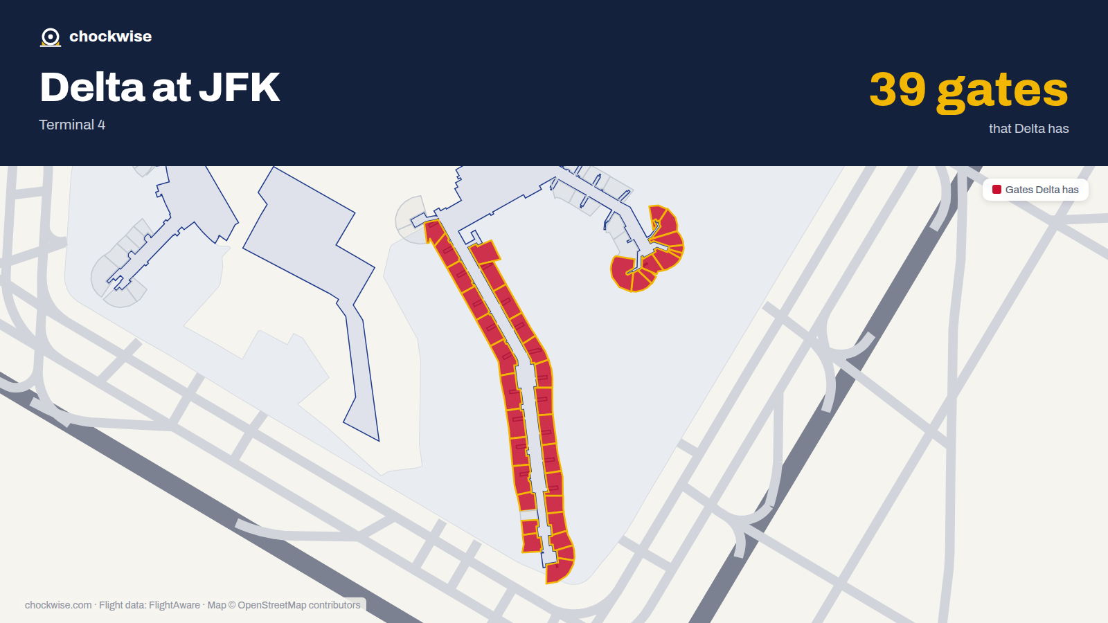 Map of JFK with the gates Delta Air Lines uses highlighted: A9, A10, A11, A12, A14, A15, A16, A17 and 30 more.