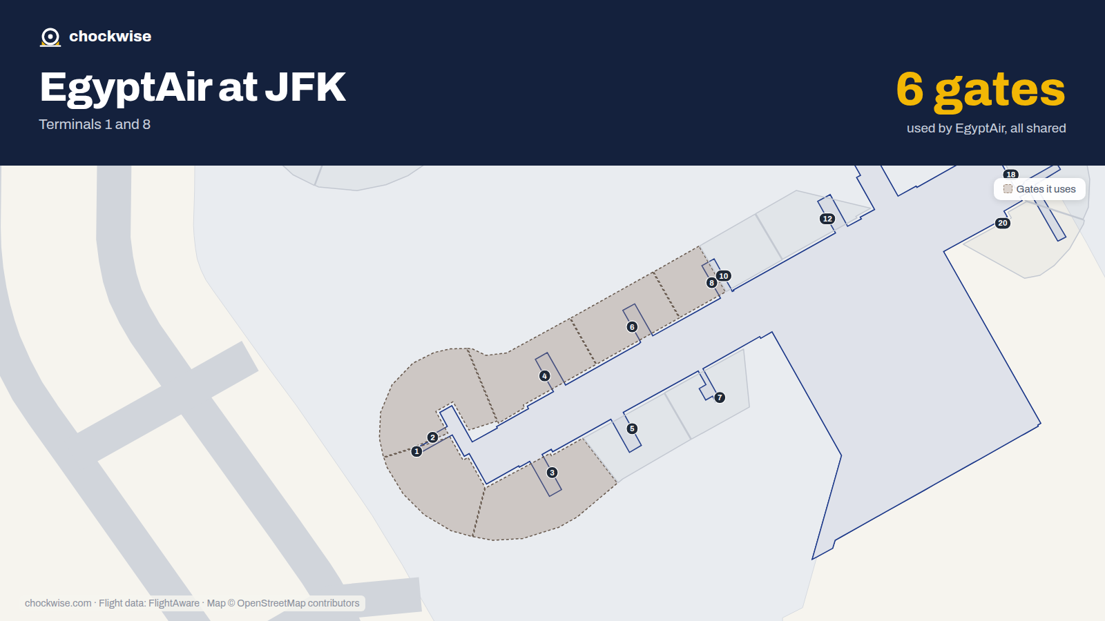 Map of JFK with the gates EgyptAir uses highlighted: 1, 2, 3, 4, 6 and 8.