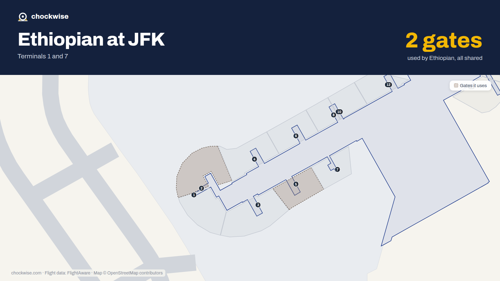Map of JFK with the gates Ethiopian Airlines uses highlighted: 2 and 5.