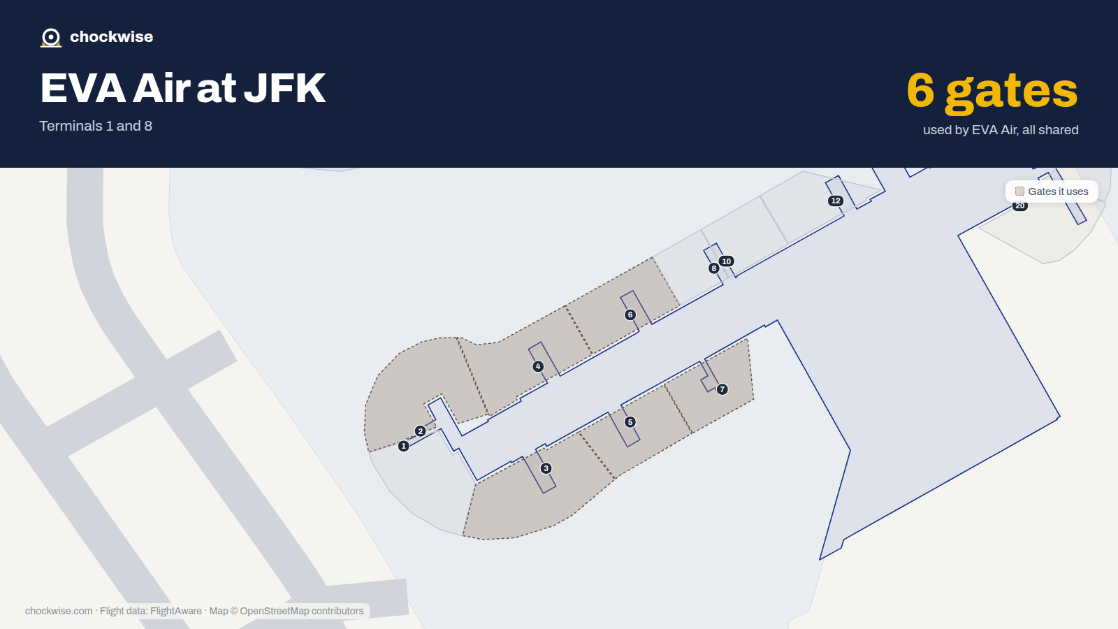 Map of JFK with the gates EVA Air uses highlighted: 2, 3, 4, 5, 6 and 7.