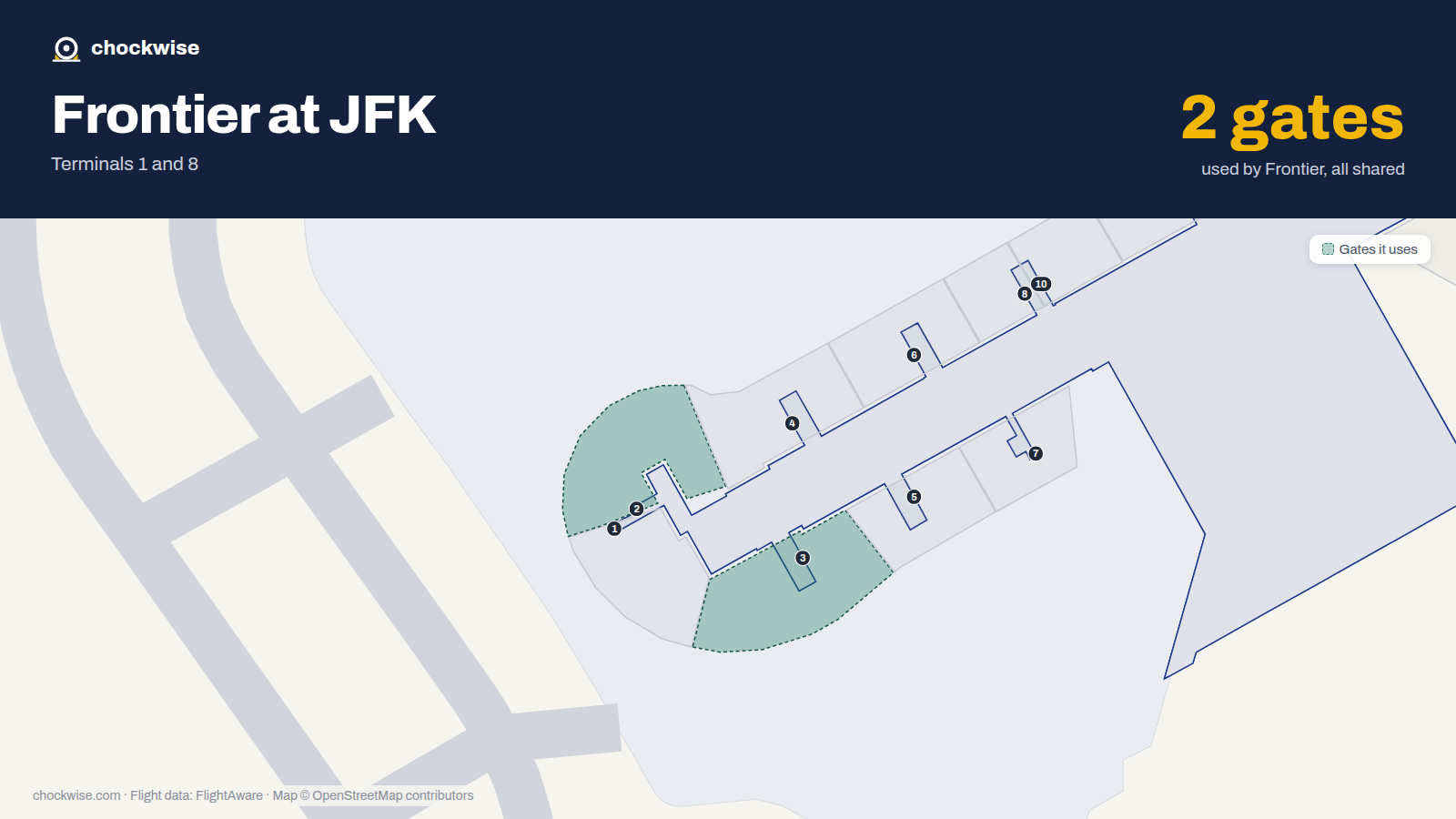 Map of JFK with the gates Frontier Airlines uses highlighted: 2 and 3.