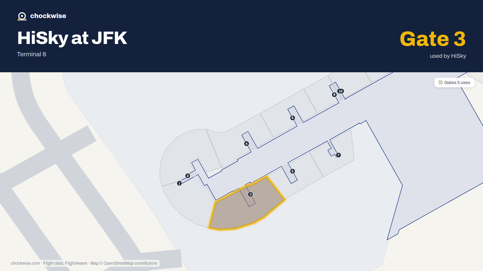 Map of JFK with the gates HiSky uses highlighted: 3.
