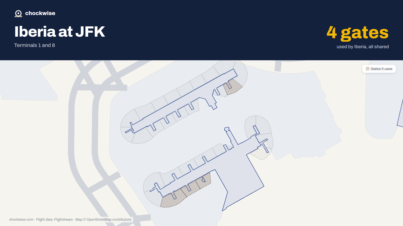 Map of JFK with the gates Iberia uses highlighted: 3, 5, 7 and 45.