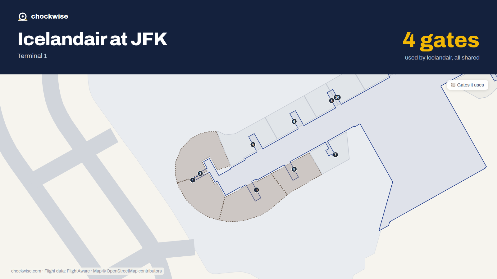 Map of JFK with the gates Icelandair uses highlighted: 1, 2, 3 and 5.