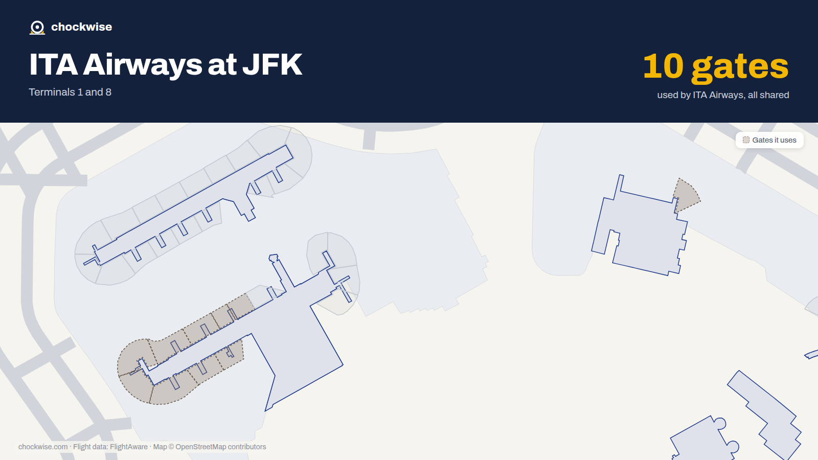 Map of JFK with the gates ITA Airways uses highlighted: 1, 2, 3, 4, 5, 6, 7, 8 and 2 more.