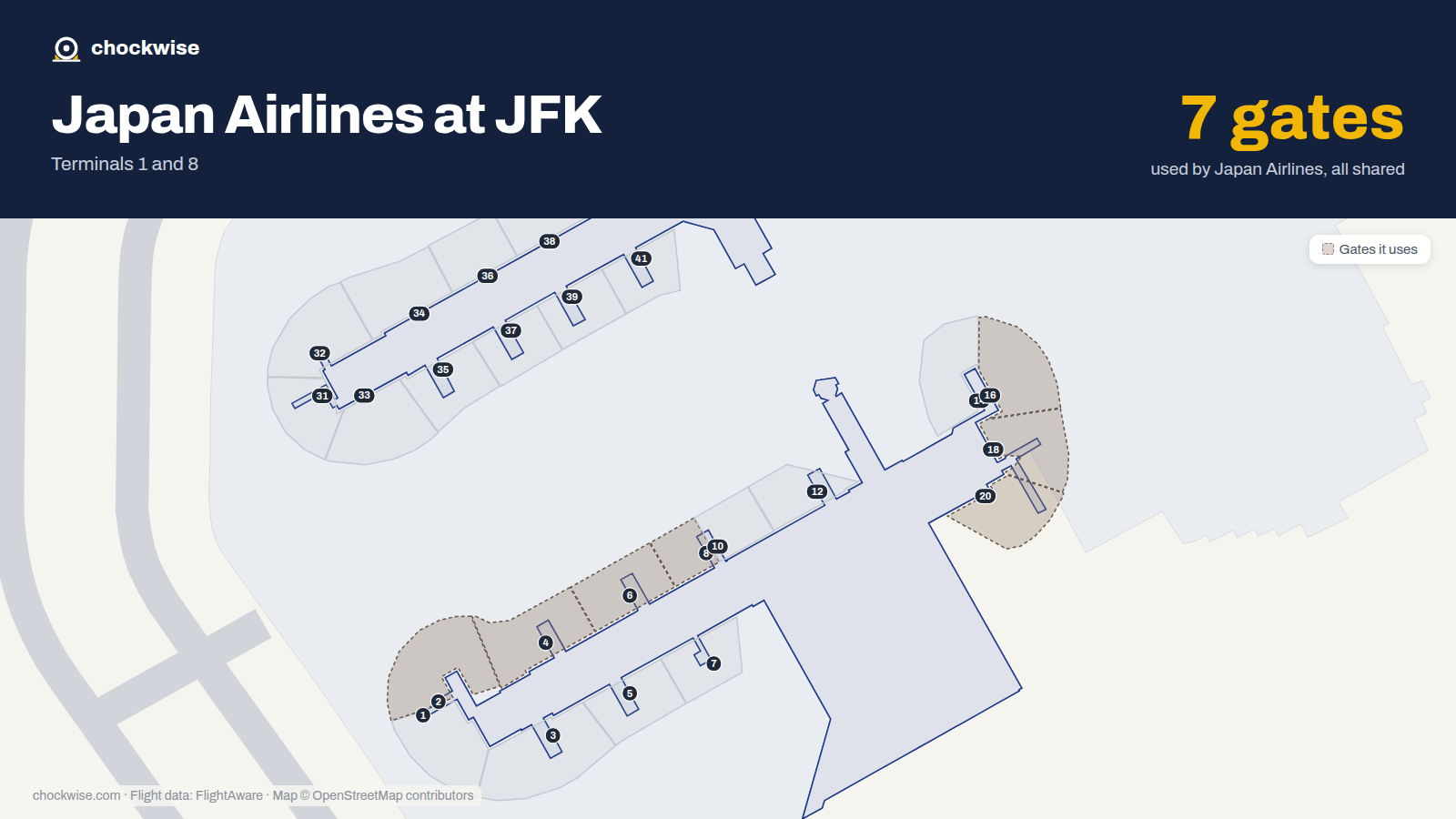 Map of JFK with the gates Japan Airlines uses highlighted: 2, 4, 6, 8, 16, 18 and 20.