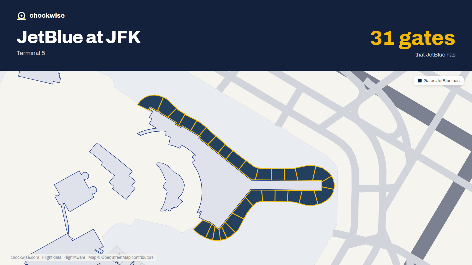 Map of JFK with the gates JetBlue uses highlighted: 501, 502, 503, 504, 505, 506, 507, 508 and 21 more.