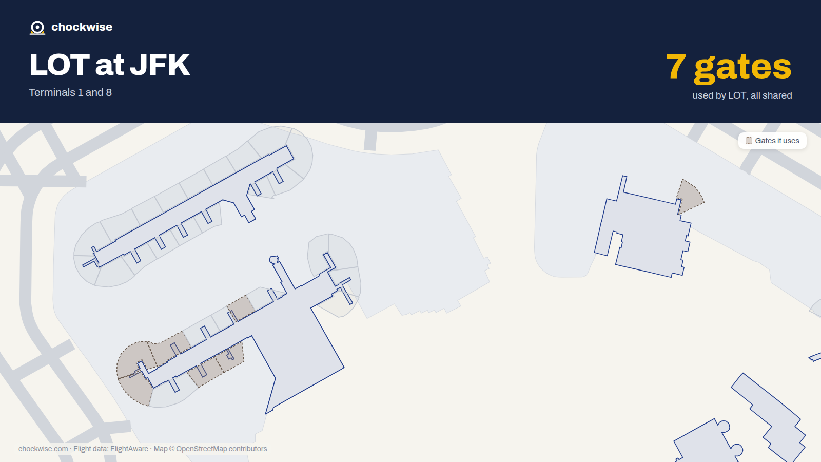 Map of JFK with the gates LOT Polish Airlines uses highlighted: 1, 2, 4, 5, 7, 9 and 10.