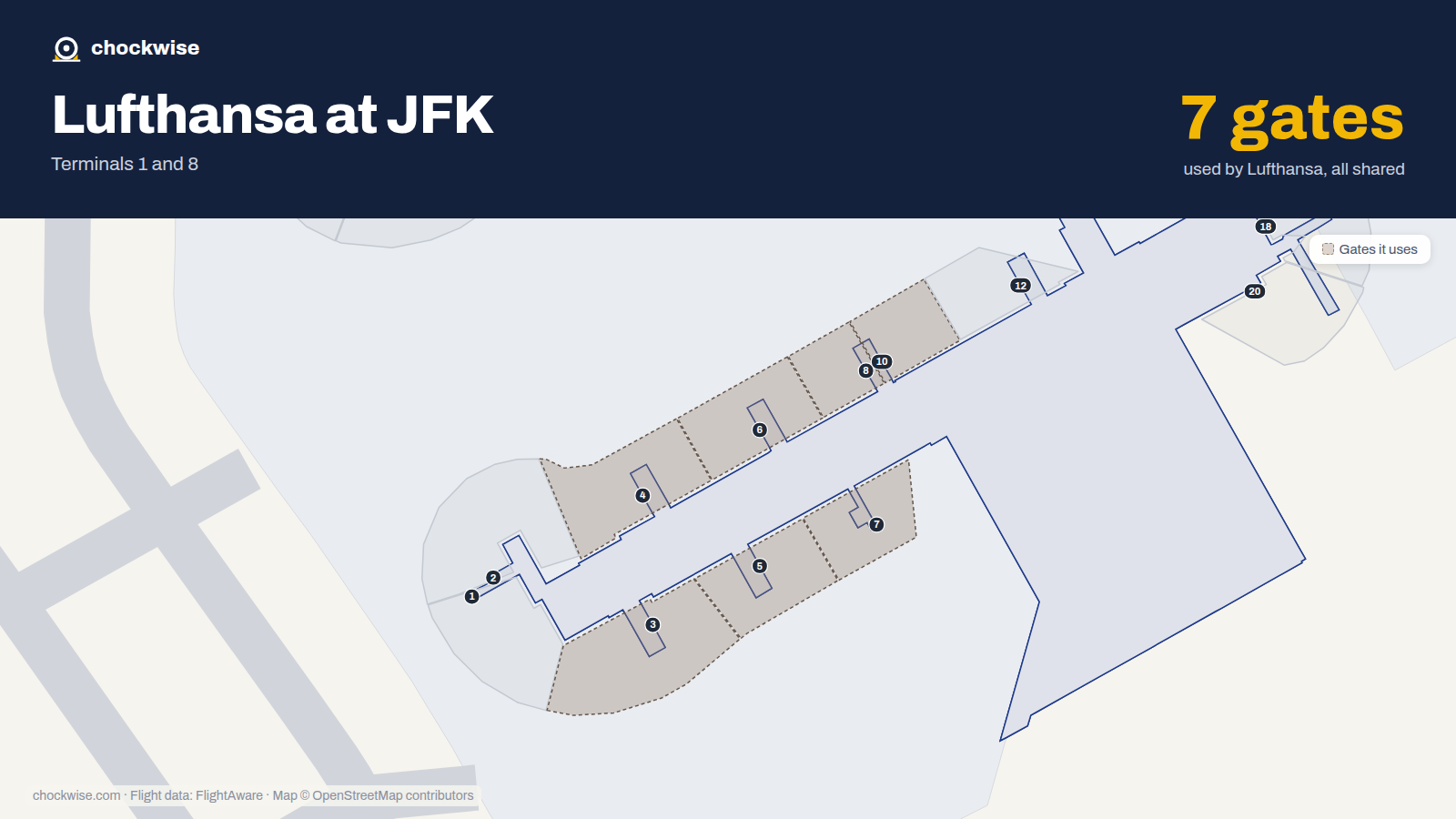 Map of JFK with the gates Lufthansa uses highlighted: 3, 4, 5, 6, 7, 8 and 10.
