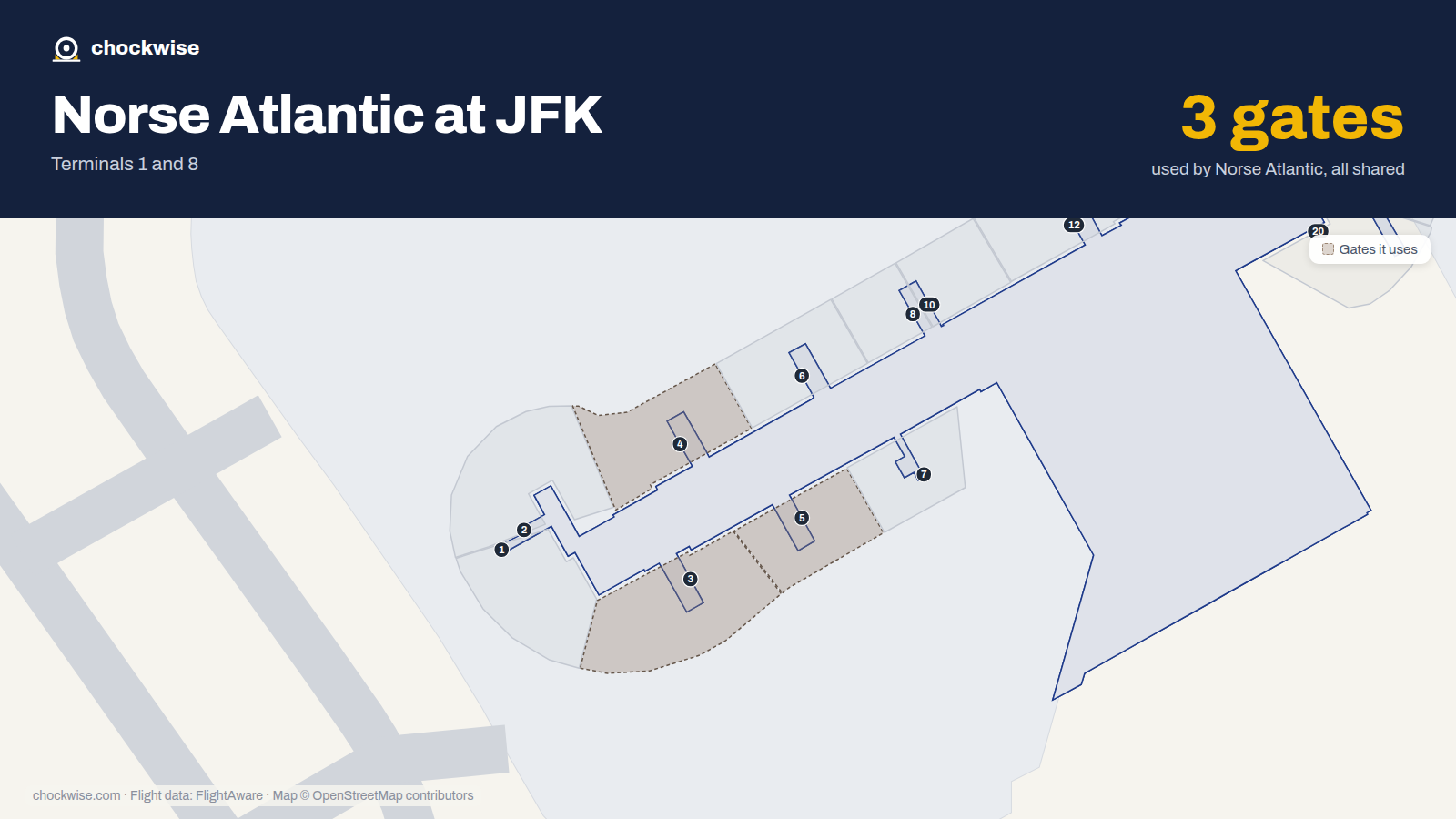 Map of JFK with the gates Norse Atlantic Airways uses highlighted: 3, 4 and 5.
