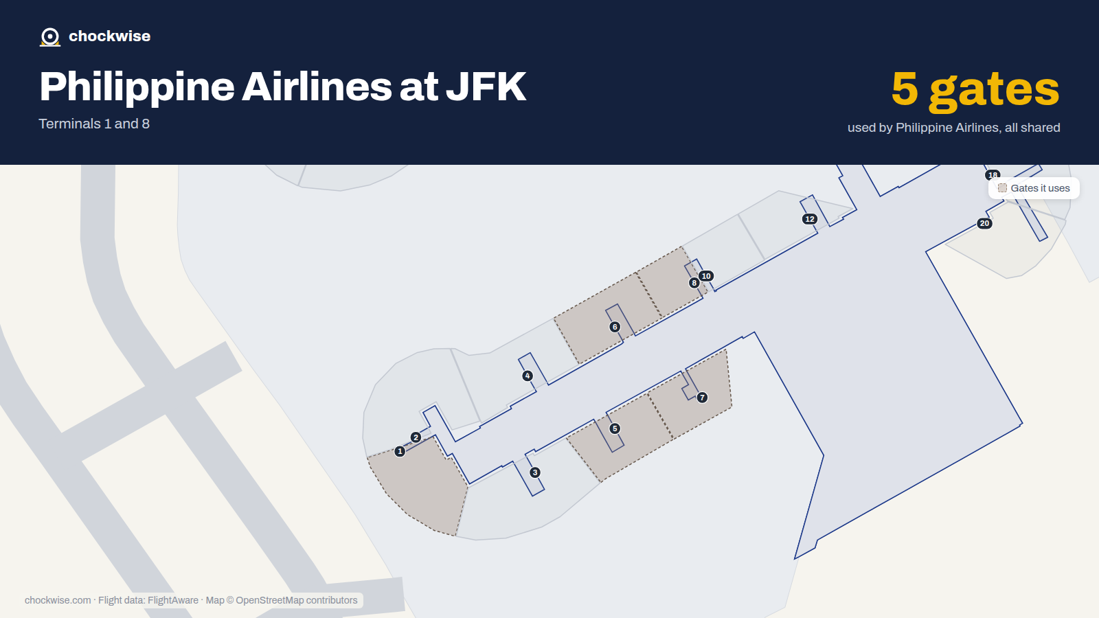 Map of JFK with the gates Philippine Airlines uses highlighted: 1, 5, 6, 7 and 8.