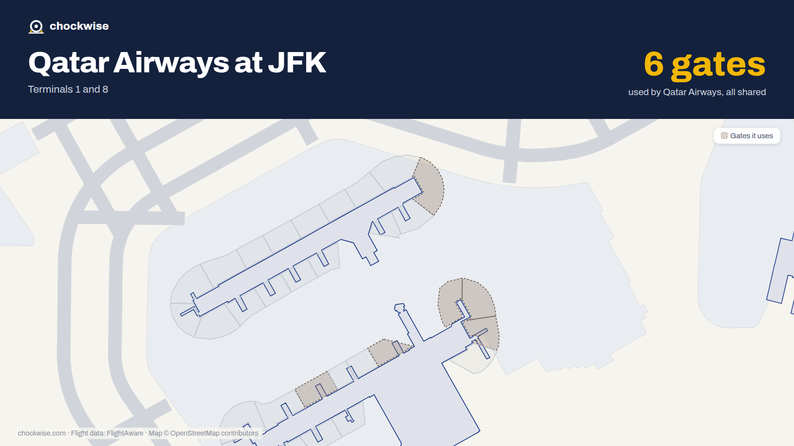 Map of JFK with the gates Qatar Airways uses highlighted: 6, 12, 14, 16, 18 and 47.