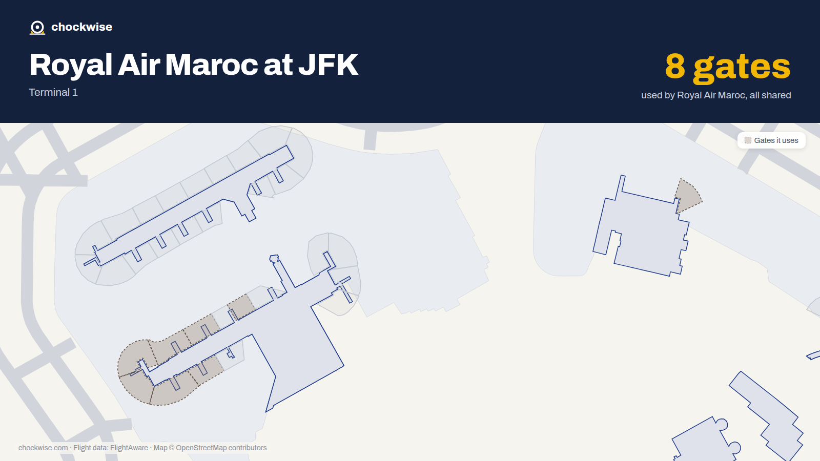 Map of JFK with the gates Royal Air Maroc uses highlighted: 1, 2, 3, 4, 5, 6, 9 and 10.