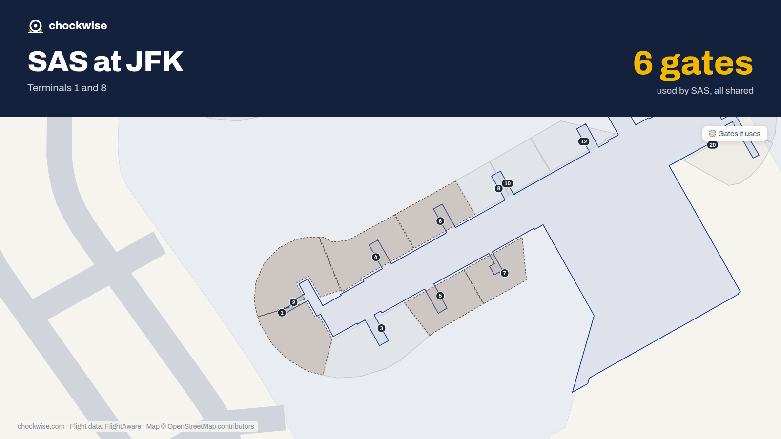 Map of JFK with the gates SAS Scandinavian Airlines uses highlighted: 1, 2, 4, 5, 6 and 7.