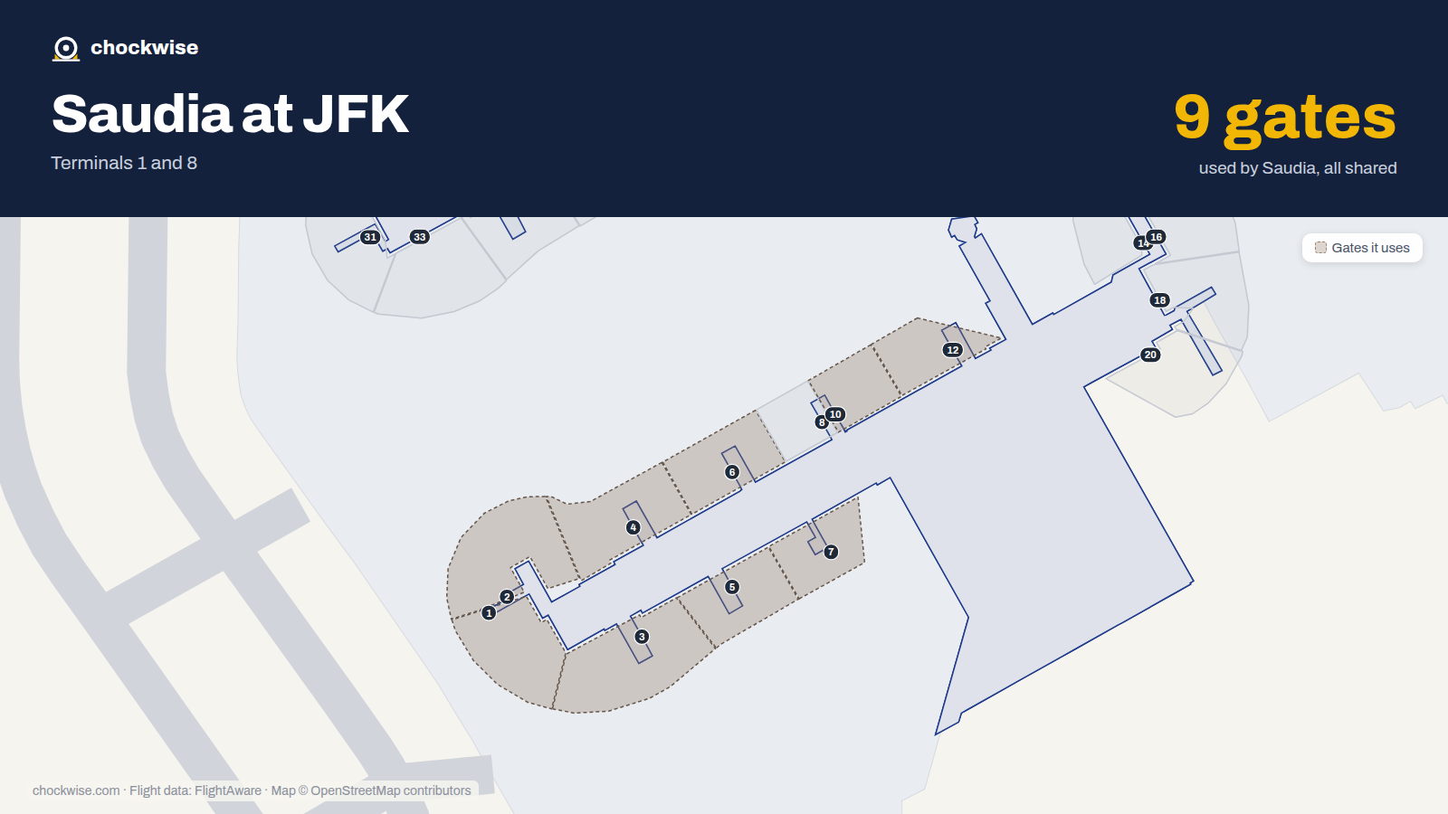 Map of JFK with the gates Saudia uses highlighted: 1, 2, 3, 4, 5, 6, 7, 10 and 1 more.