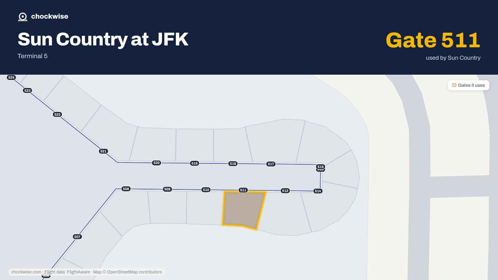 Map of JFK with the gates Sun Country Airlines uses highlighted: 511.