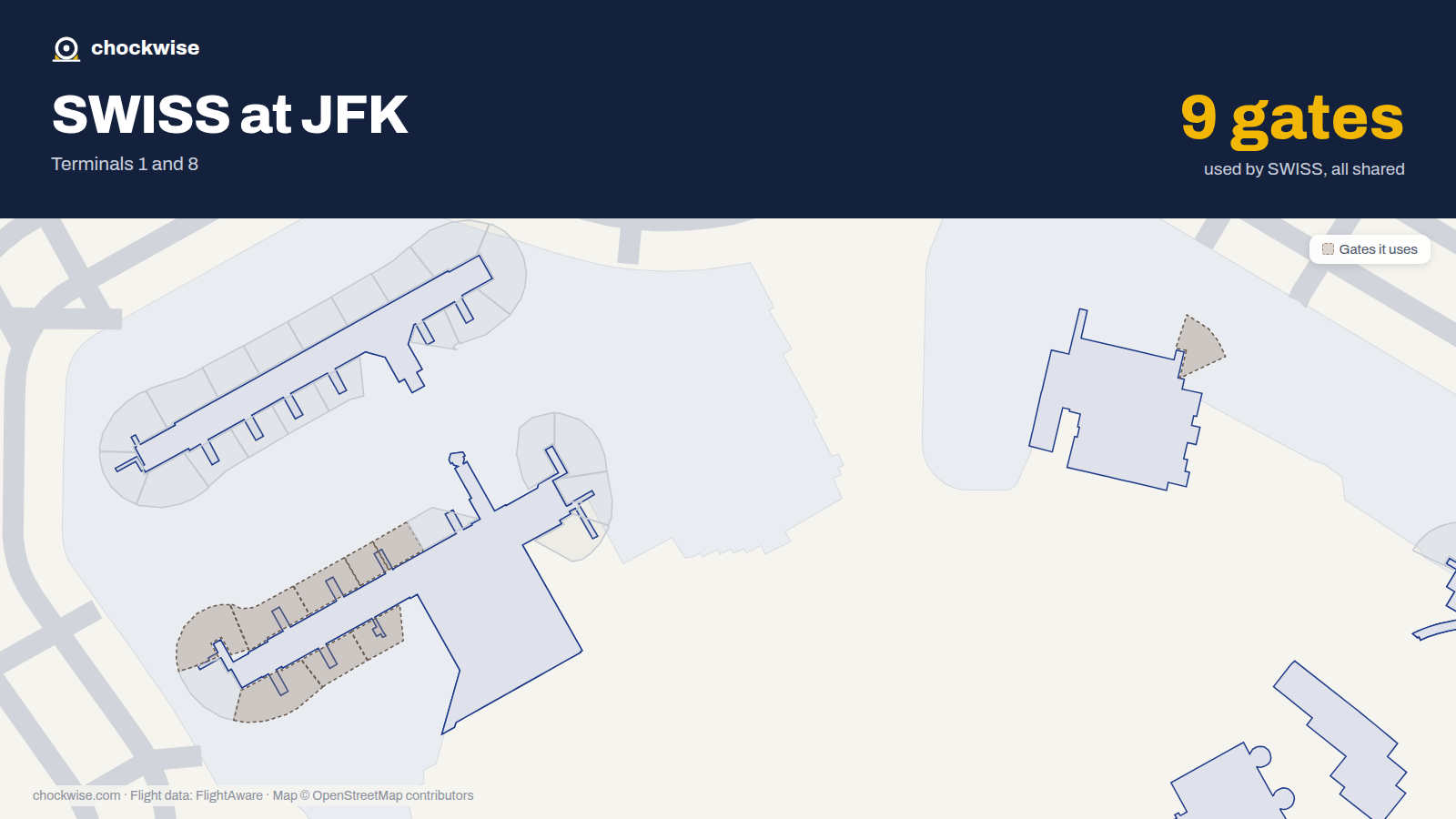 Map of JFK with the gates SWISS uses highlighted: 2, 3, 4, 5, 6, 7, 8, 9 and 1 more.