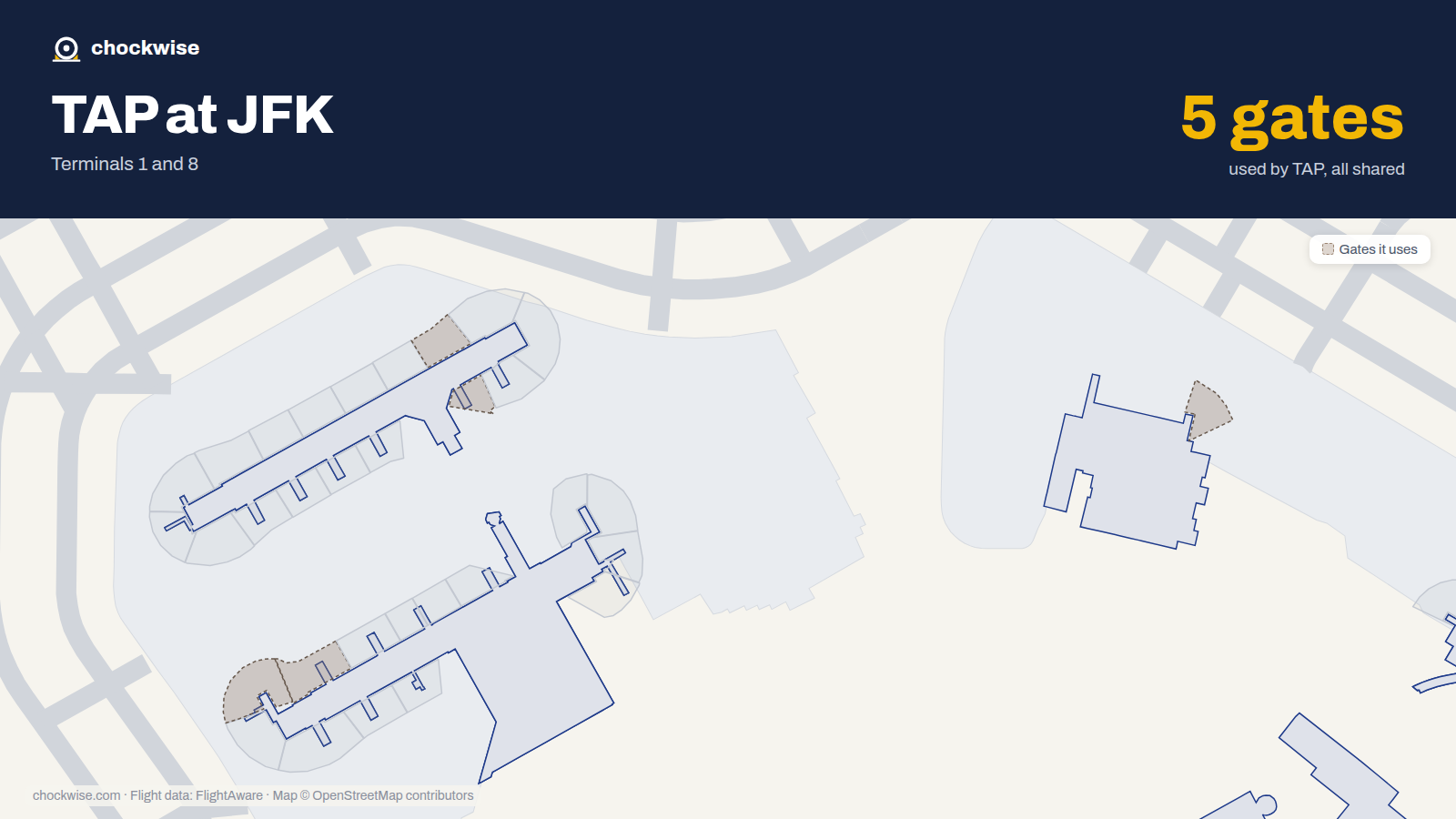 Map of JFK with the gates TAP Air Portugal uses highlighted: 2, 4, 9, 41A, 43, 43A, 44, 44A and 1 more.