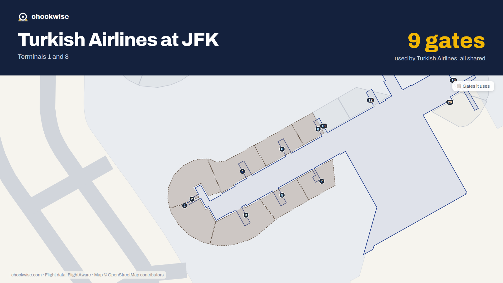 Map of JFK with the gates Turkish Airlines uses highlighted: 1, 2, 3, 4, 5, 6, 7, 8 and 1 more.