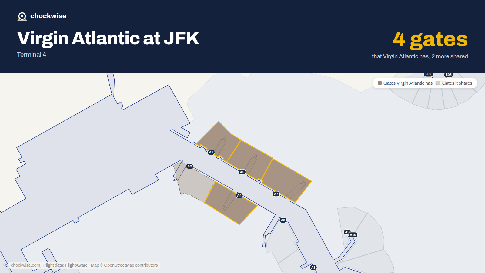 Map of JFK with the gates Virgin Atlantic uses highlighted: A3, A4, A5 and A7.