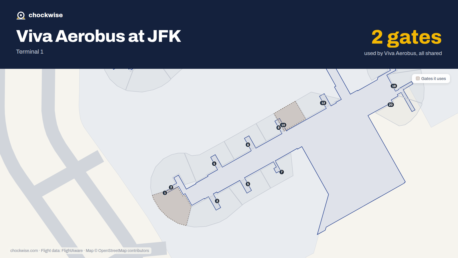 Map of JFK with the gates Viva Aerobus uses highlighted: 1 and 10.
