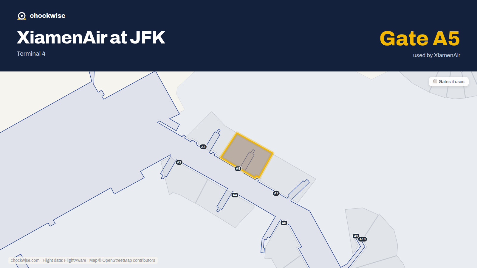 Map of JFK with the gates Xiamen Airlines uses highlighted: A5.