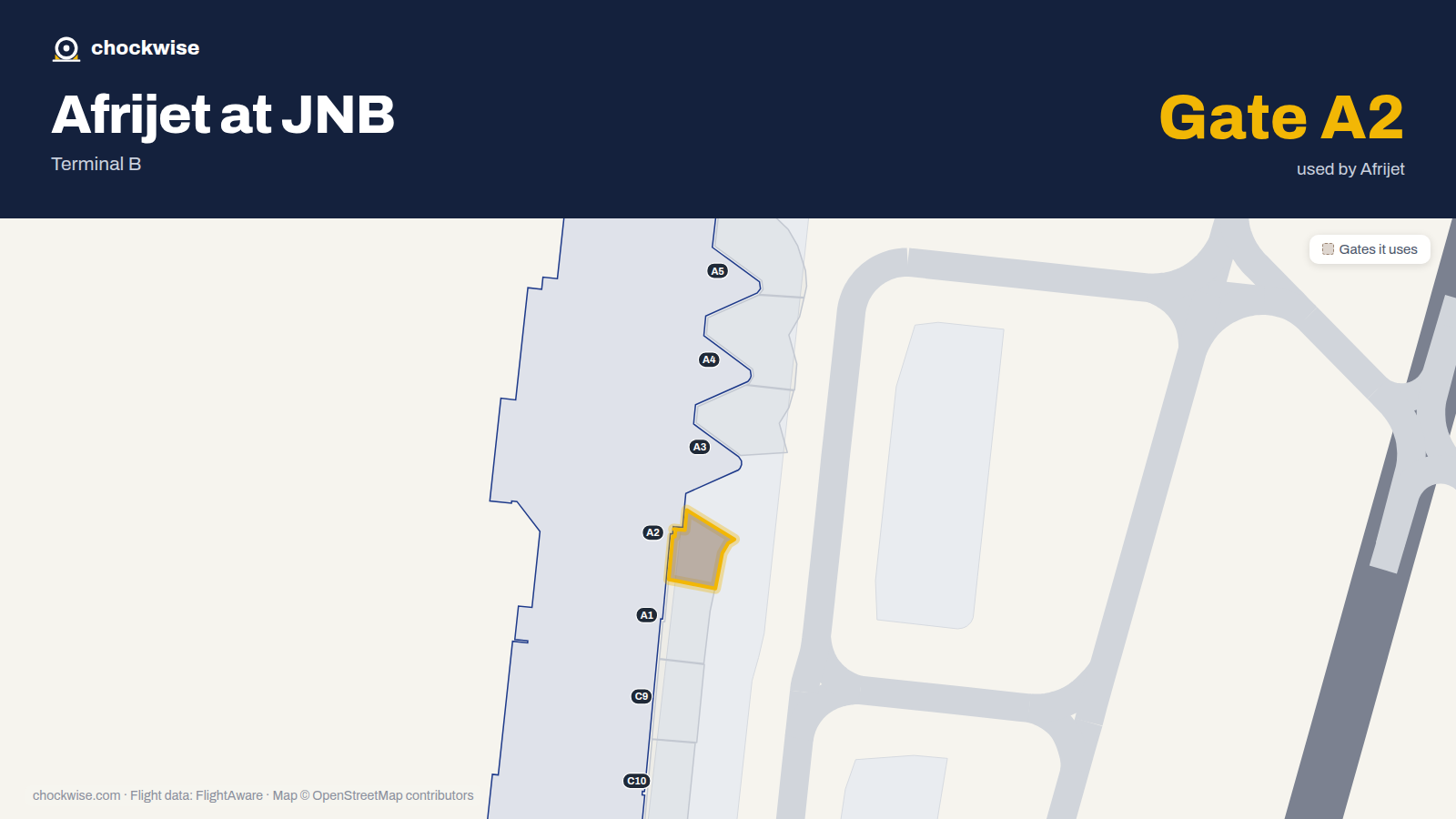 Map of JNB with the gates Afrijet uses highlighted: A2.