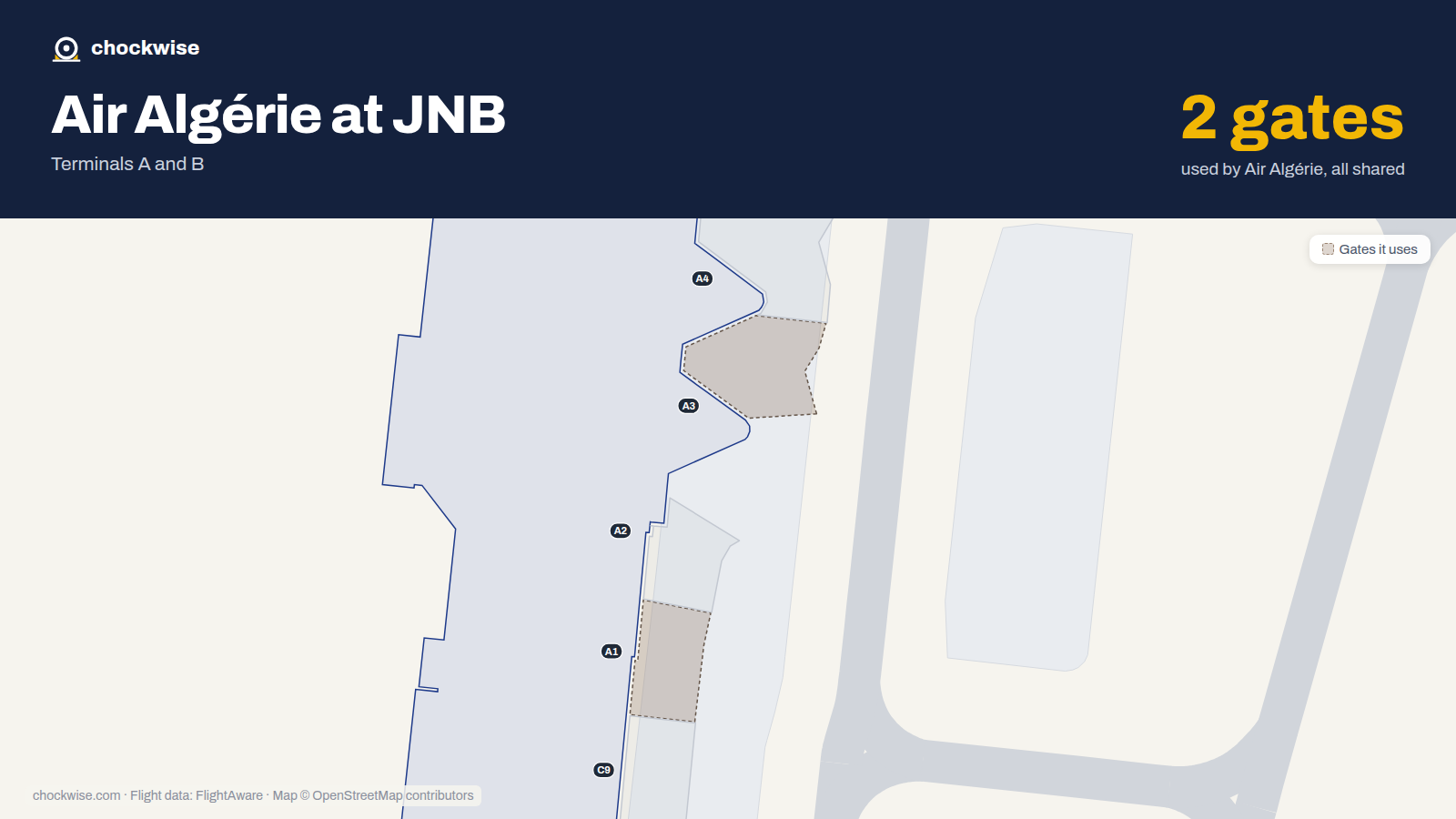 Map of JNB with the gates Air Algérie uses highlighted: A1 and A3.