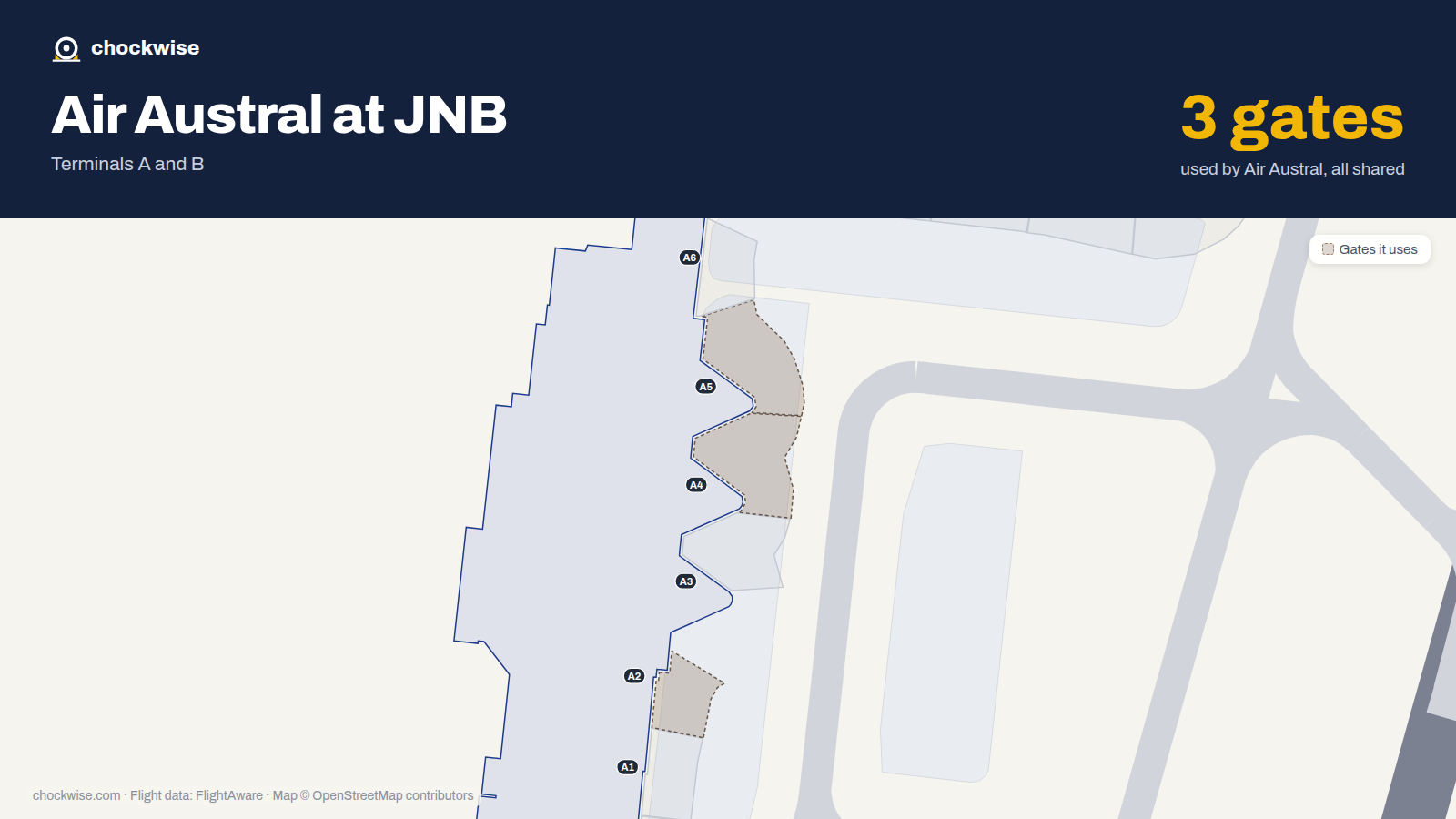 Map of JNB with the gates Air Austral uses highlighted: A2, A4 and A5.