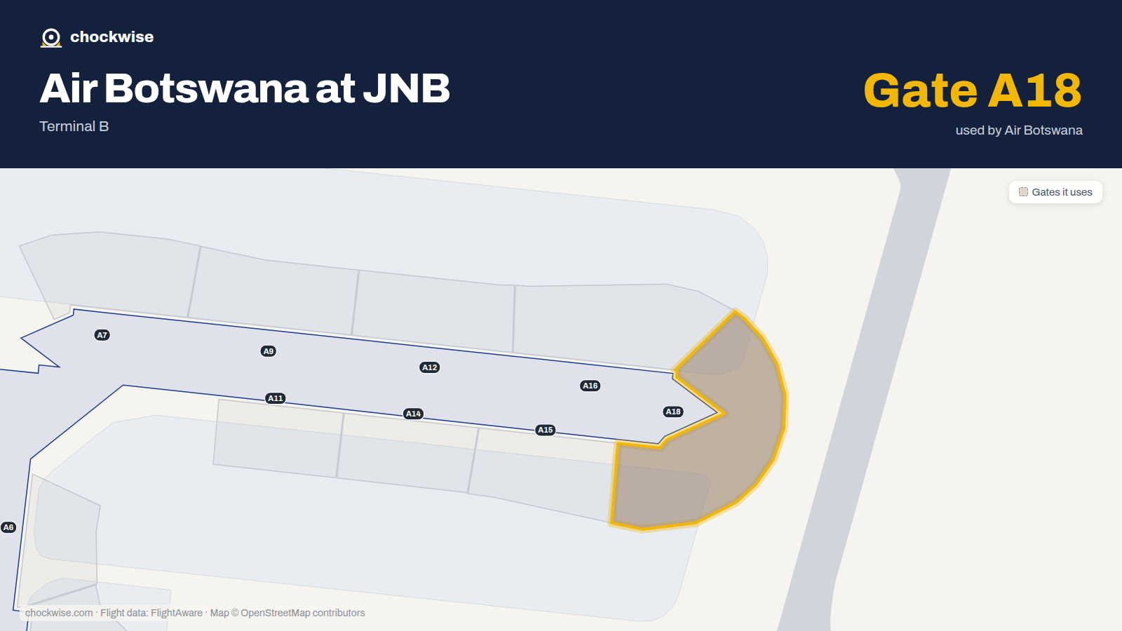 Map of JNB with the gates Air Botswana uses highlighted: A18.