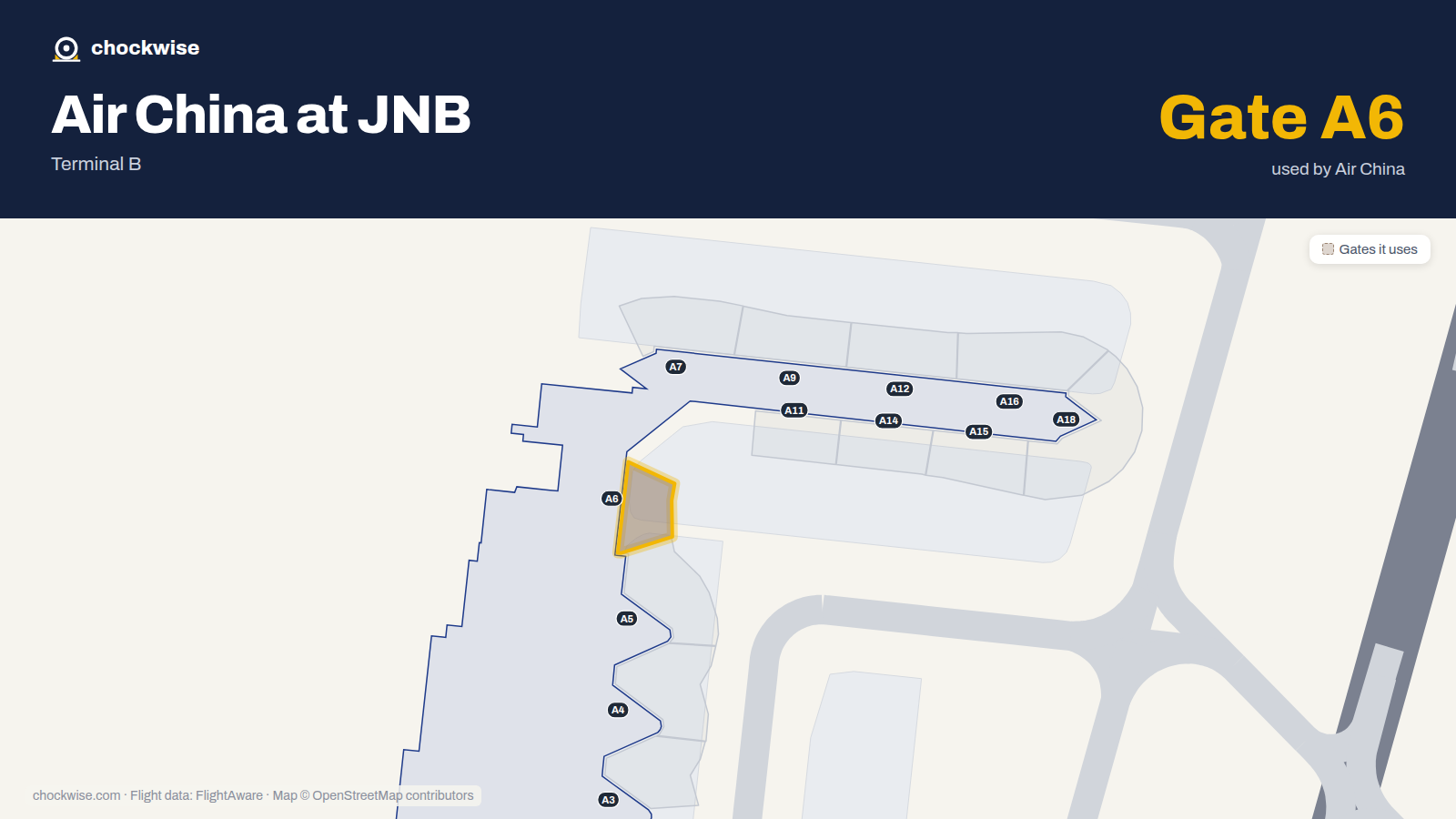 Map of JNB with the gates Air China uses highlighted: A6.