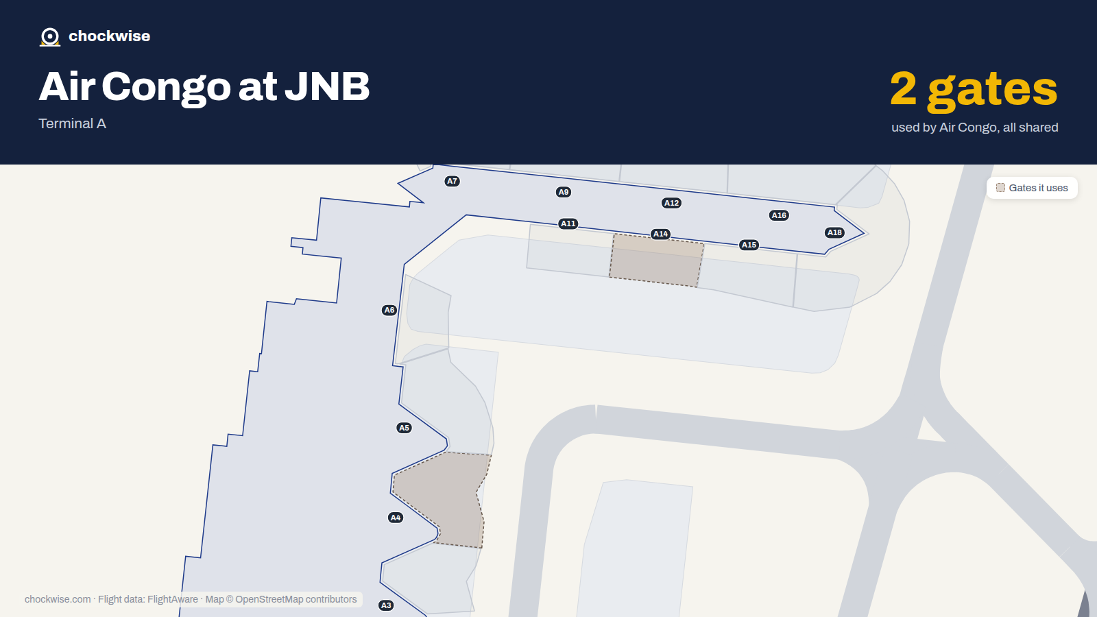 Map of JNB with the gates Air Congo uses highlighted: A4 and A14.