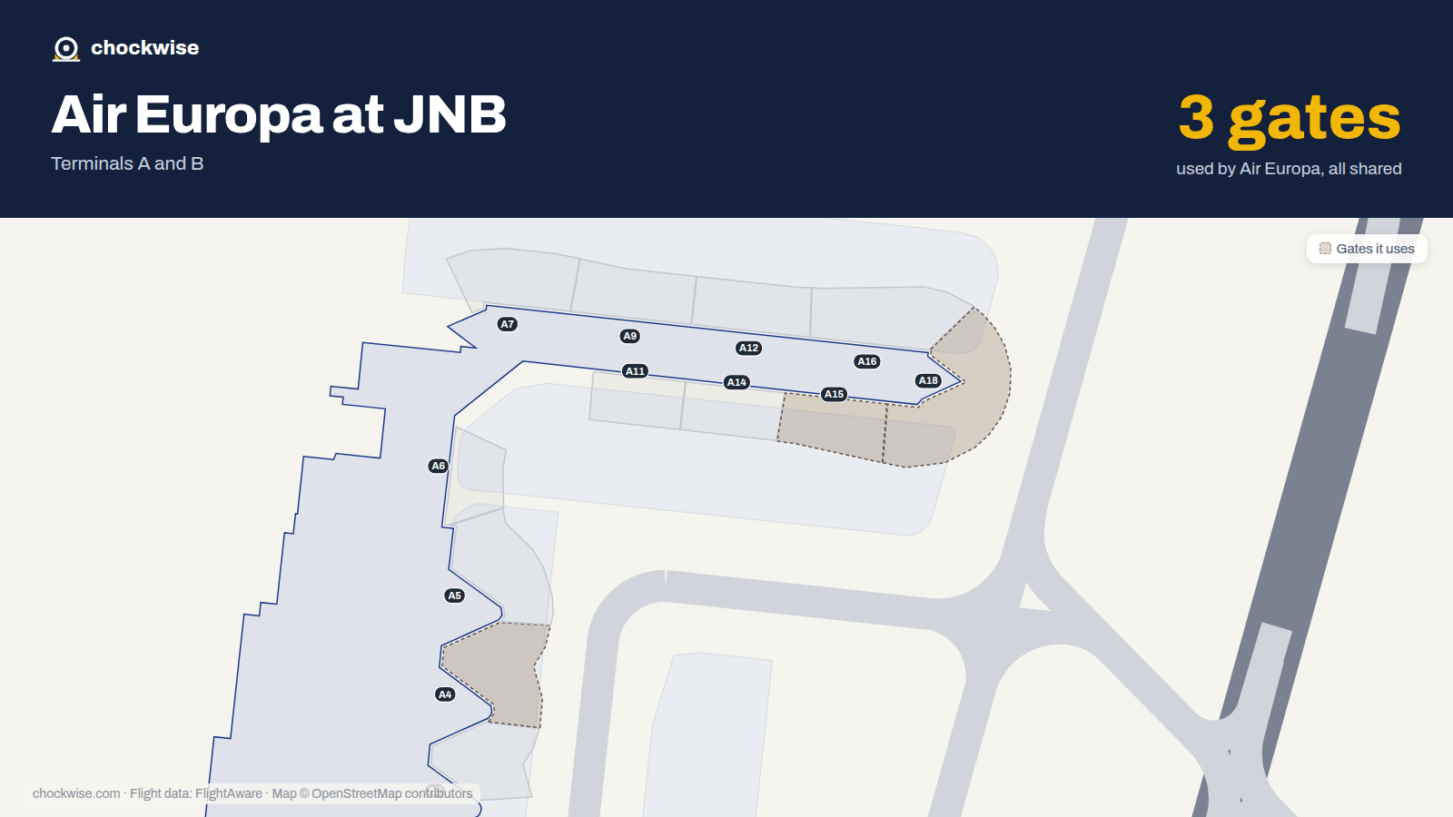 Map of JNB with the gates Air Europa uses highlighted: A4, A15 and A18.