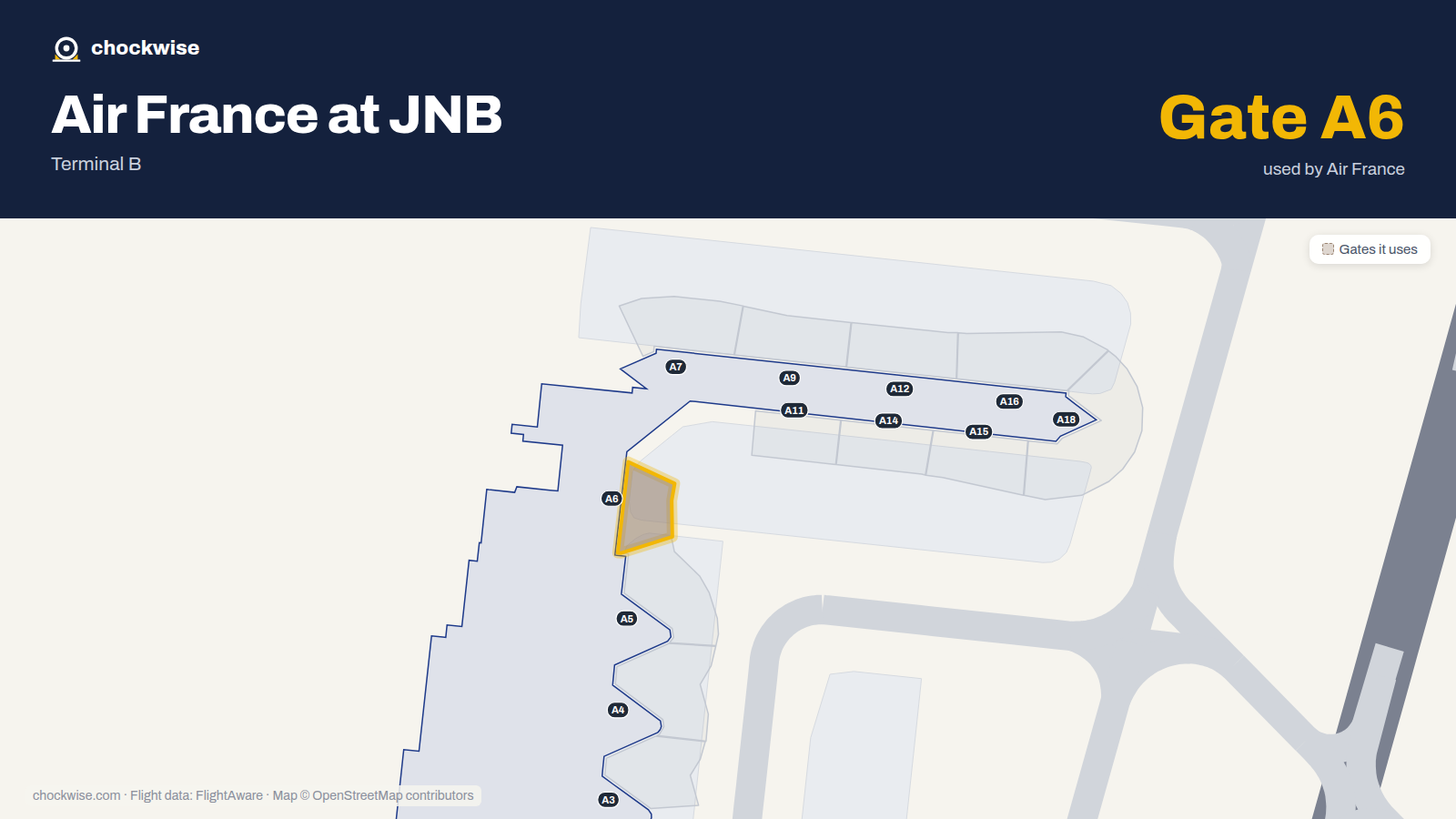 Map of JNB with the gates Air France uses highlighted: A6.