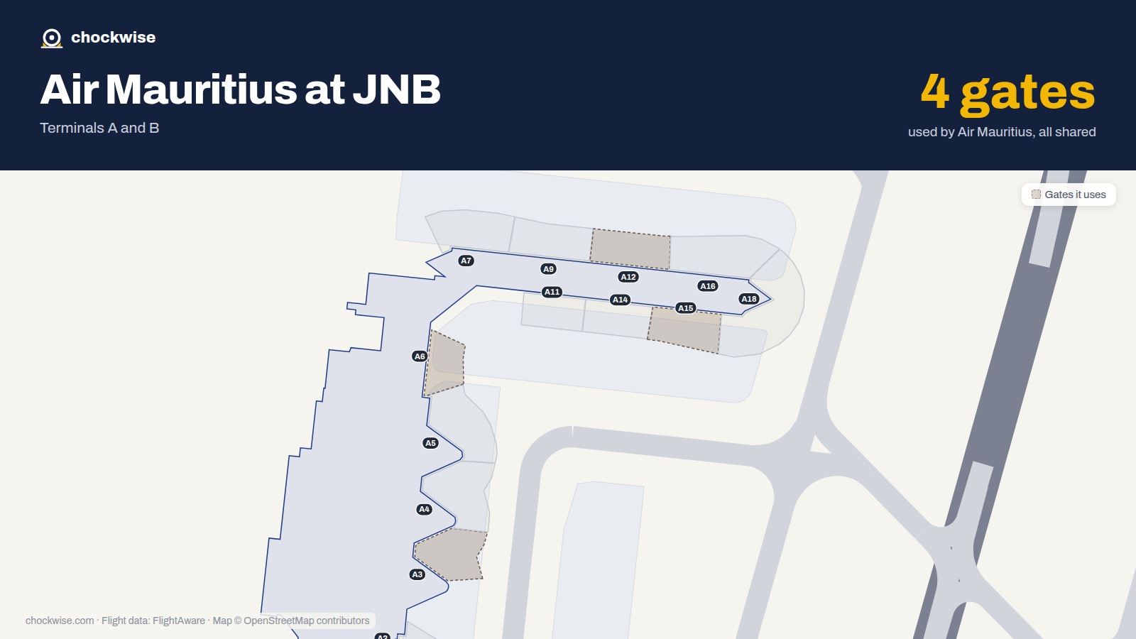 Map of JNB with the gates Air Mauritius uses highlighted: A3, A6, A12 and A15.