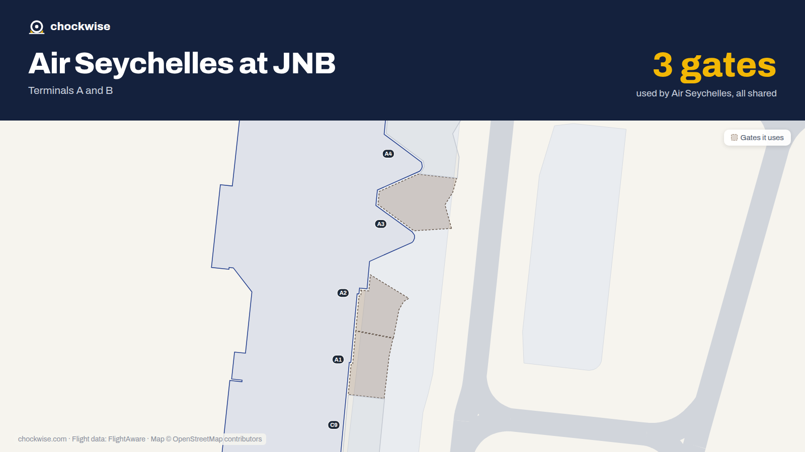 Map of JNB with the gates Air Seychelles uses highlighted: A1, A2 and A3.