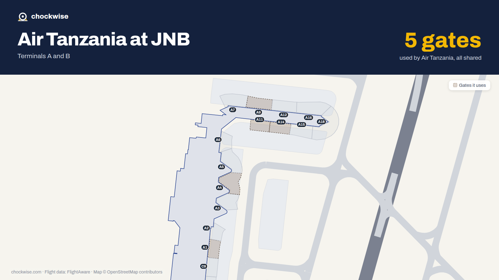 Map of JNB with the gates Air Tanzania uses highlighted: A1, A4, A9, A11 and A14.