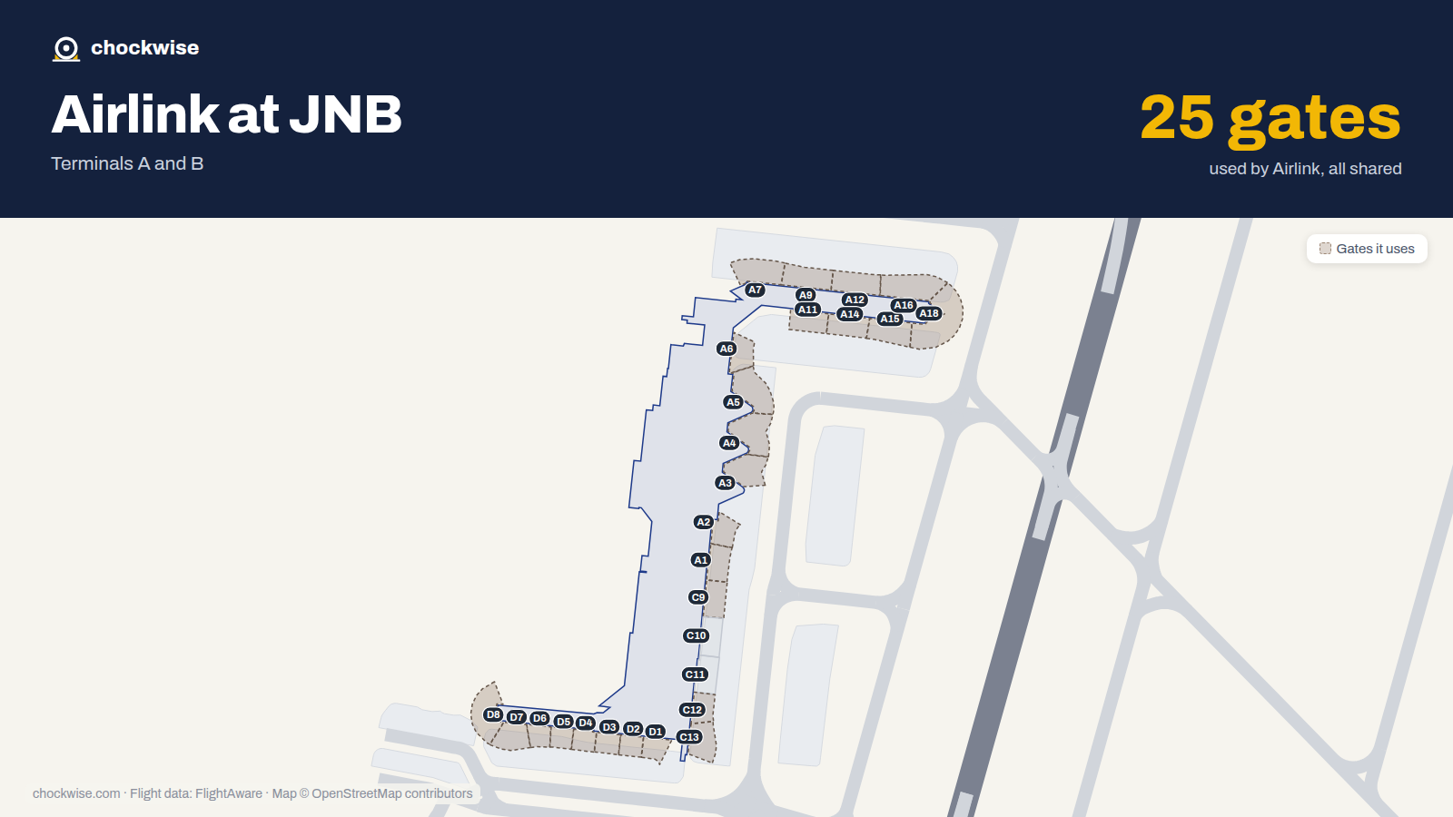Map of JNB with the gates Airlink uses highlighted: A1, D1, A2, D2, A3, D3, A4, D4 and 17 more.