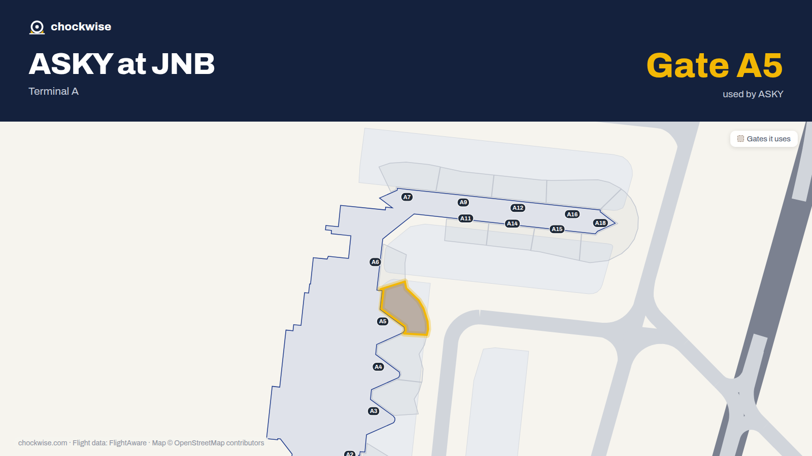 Map of JNB with the gates ASKY Airlines uses highlighted: A5.