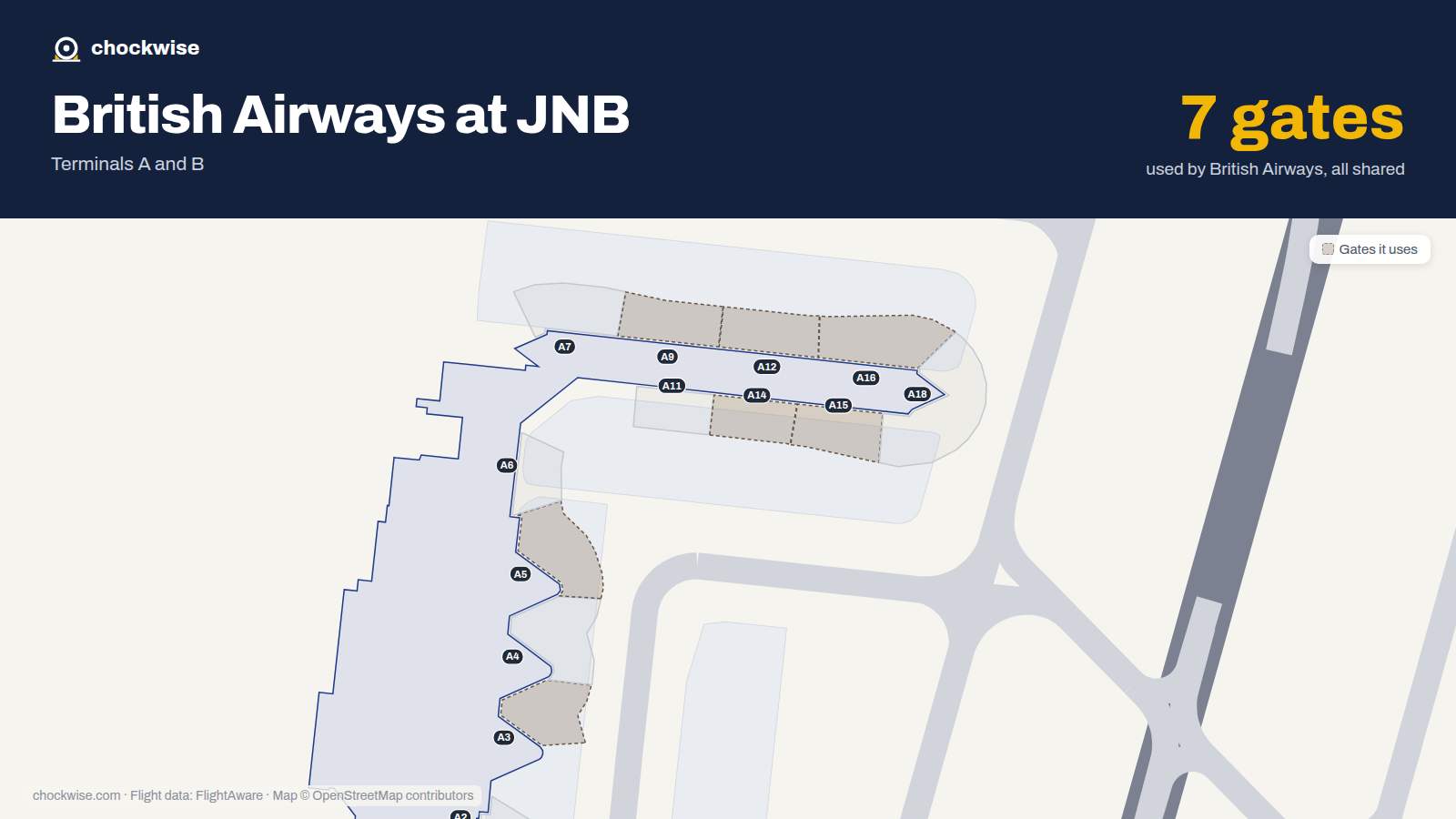 Map of JNB with the gates British Airways uses highlighted: A3, A5, A9, A12, A14, A15 and A16.