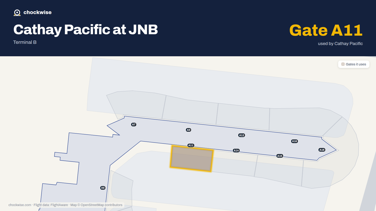 Map of JNB with the gates Cathay Pacific uses highlighted: A11.