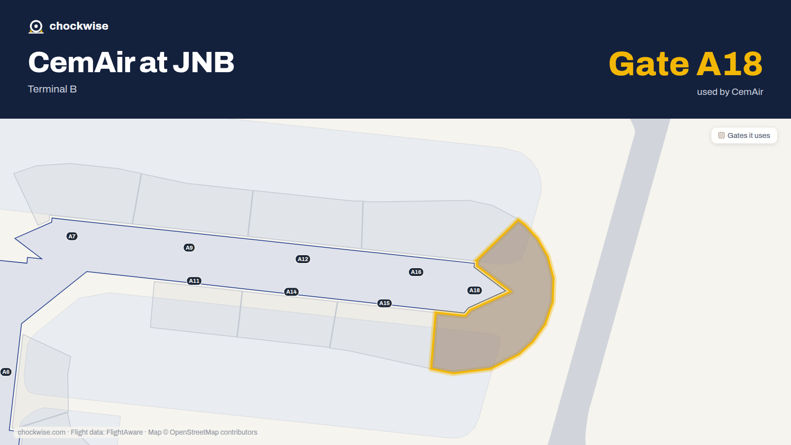 Map of JNB with the gates CemAir uses highlighted: A18.