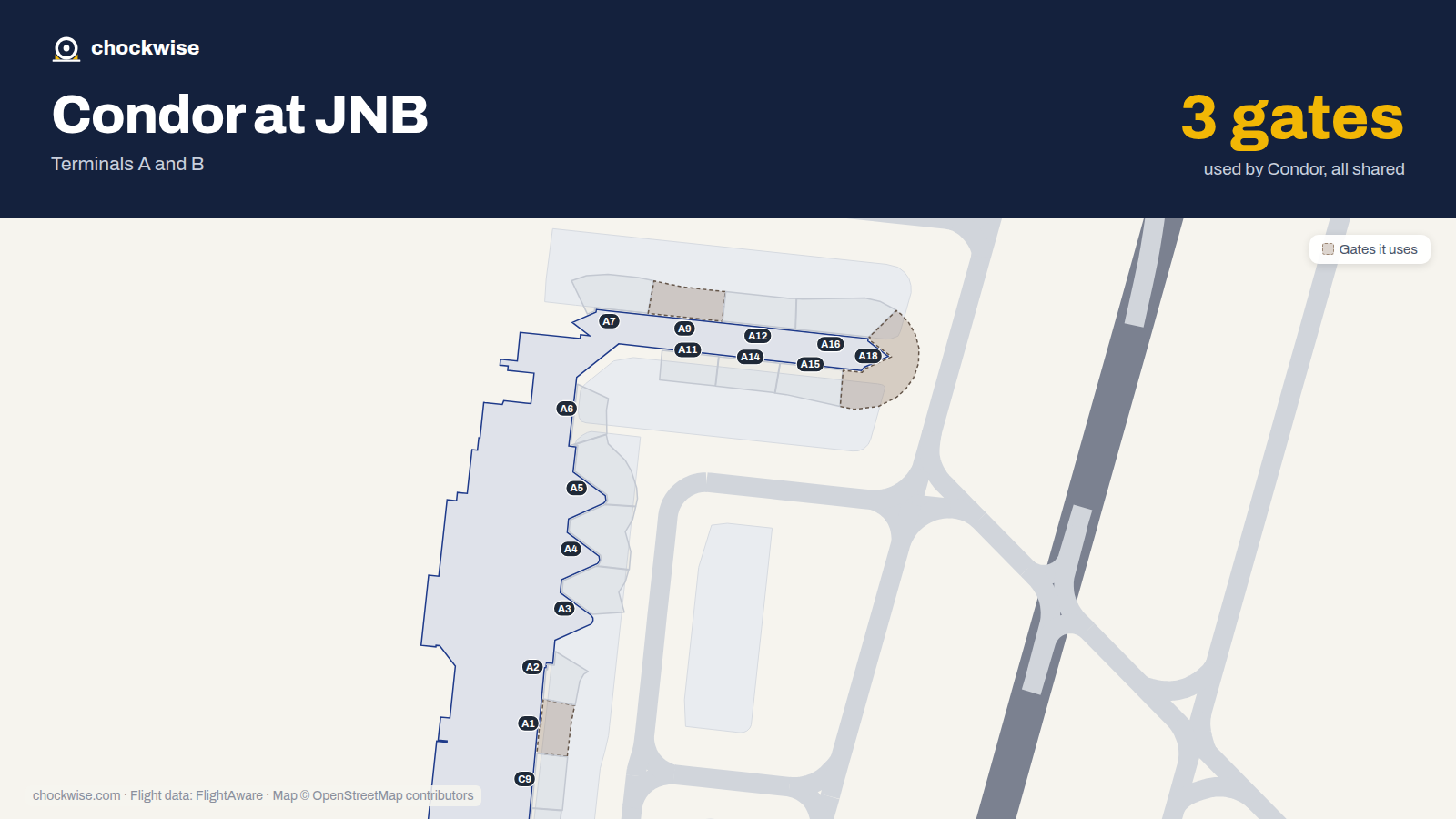 Map of JNB with the gates Condor uses highlighted: A1, A9 and A18.