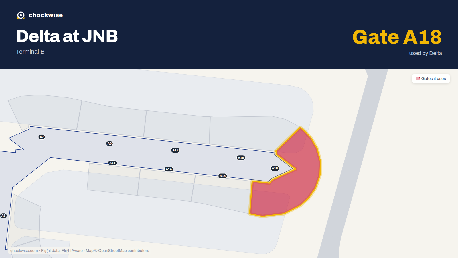 Map of JNB with the gates Delta Air Lines uses highlighted: A18.