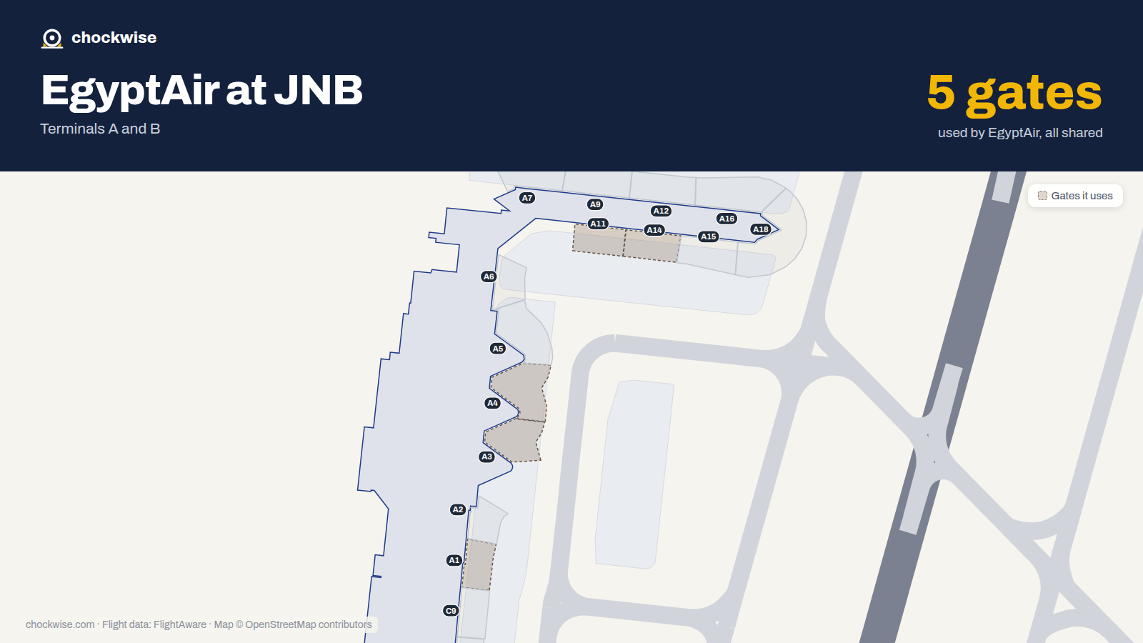 Map of JNB with the gates EgyptAir uses highlighted: A1, A3, A4, A11 and A14.