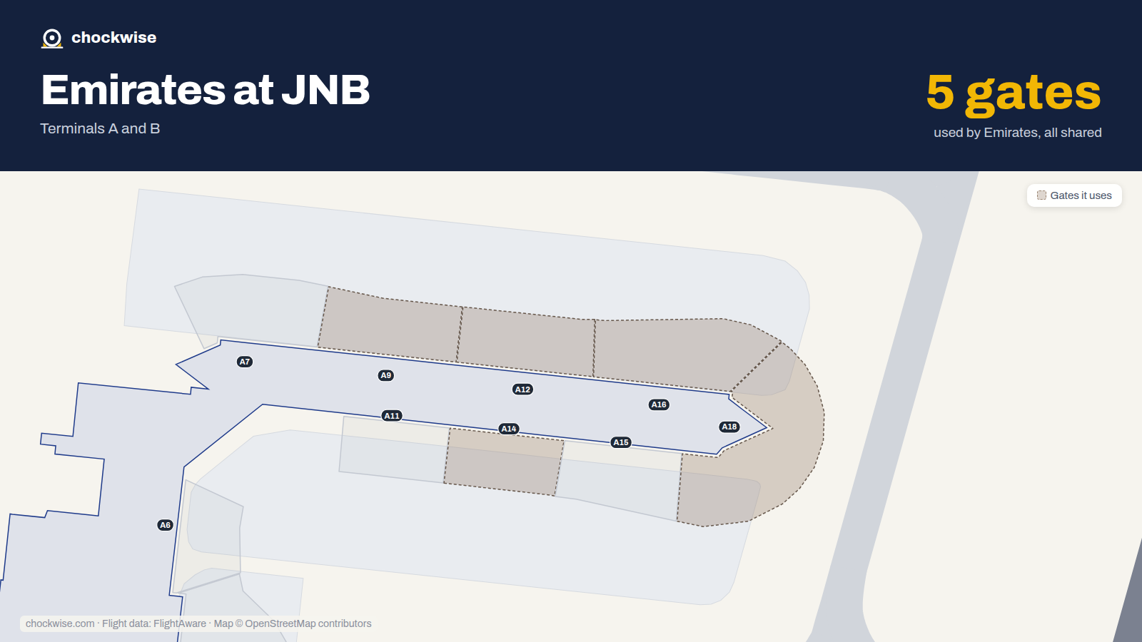 Map of JNB with the gates Emirates uses highlighted: A9, A12, A14, A16 and A18.