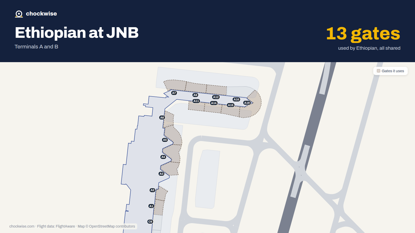 Map of JNB with the gates Ethiopian Airlines uses highlighted: A1, A2, A3, A4, A5, A6, A7, A9 and 5 more.