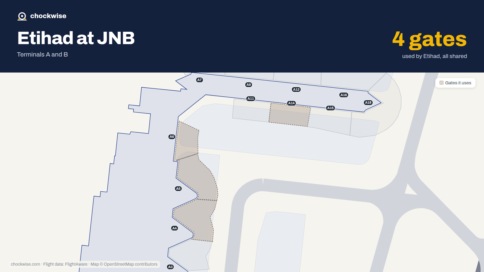 Map of JNB with the gates Etihad Airways uses highlighted: A4, A5, A6 and A14.