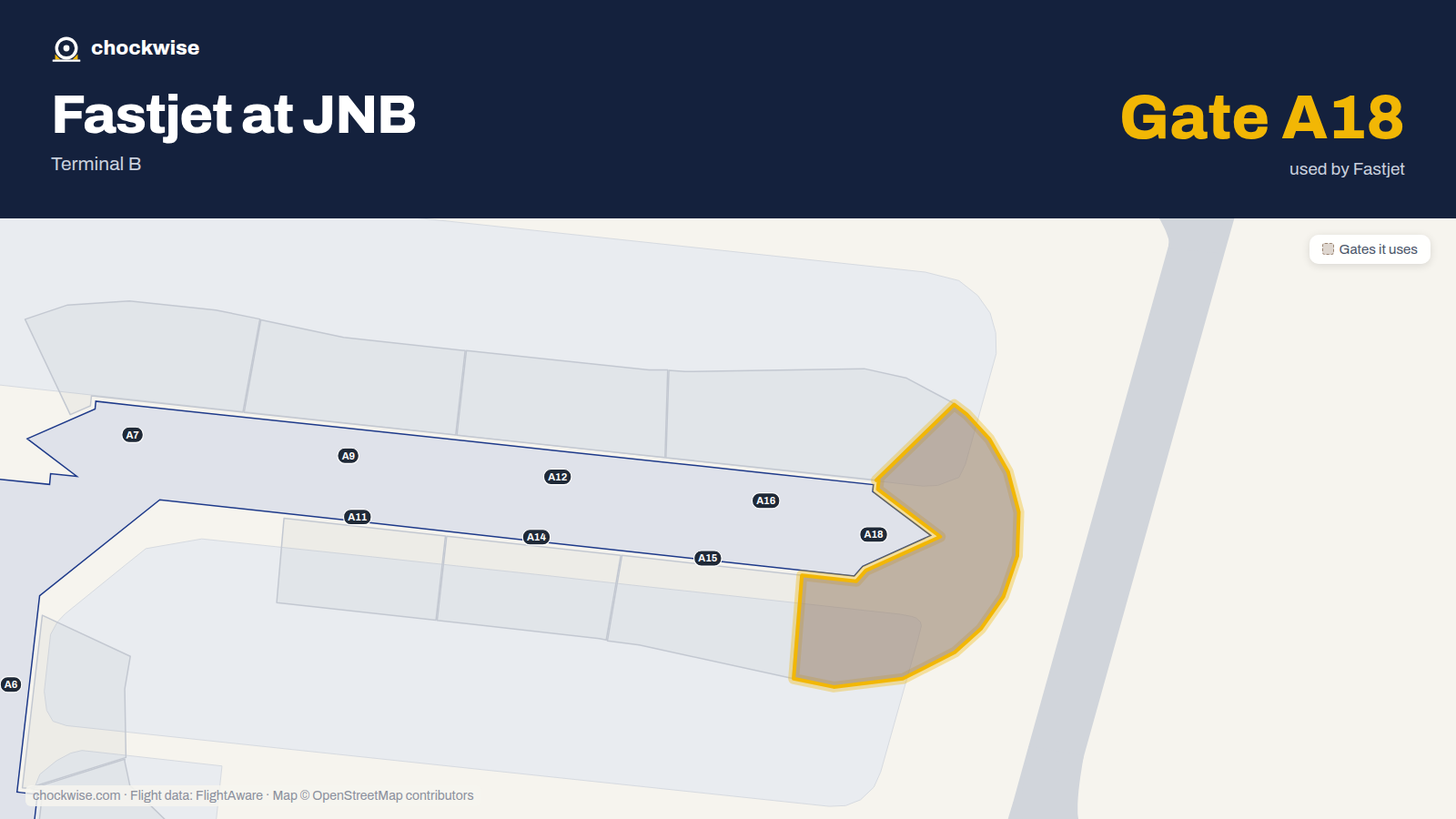 Map of JNB with the gates Fastjet uses highlighted: A18.